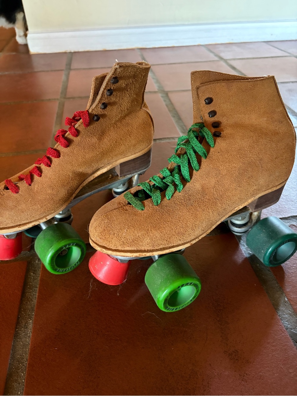 Vintage Brown Suede Quad Roller Skates with Red & Green Laces